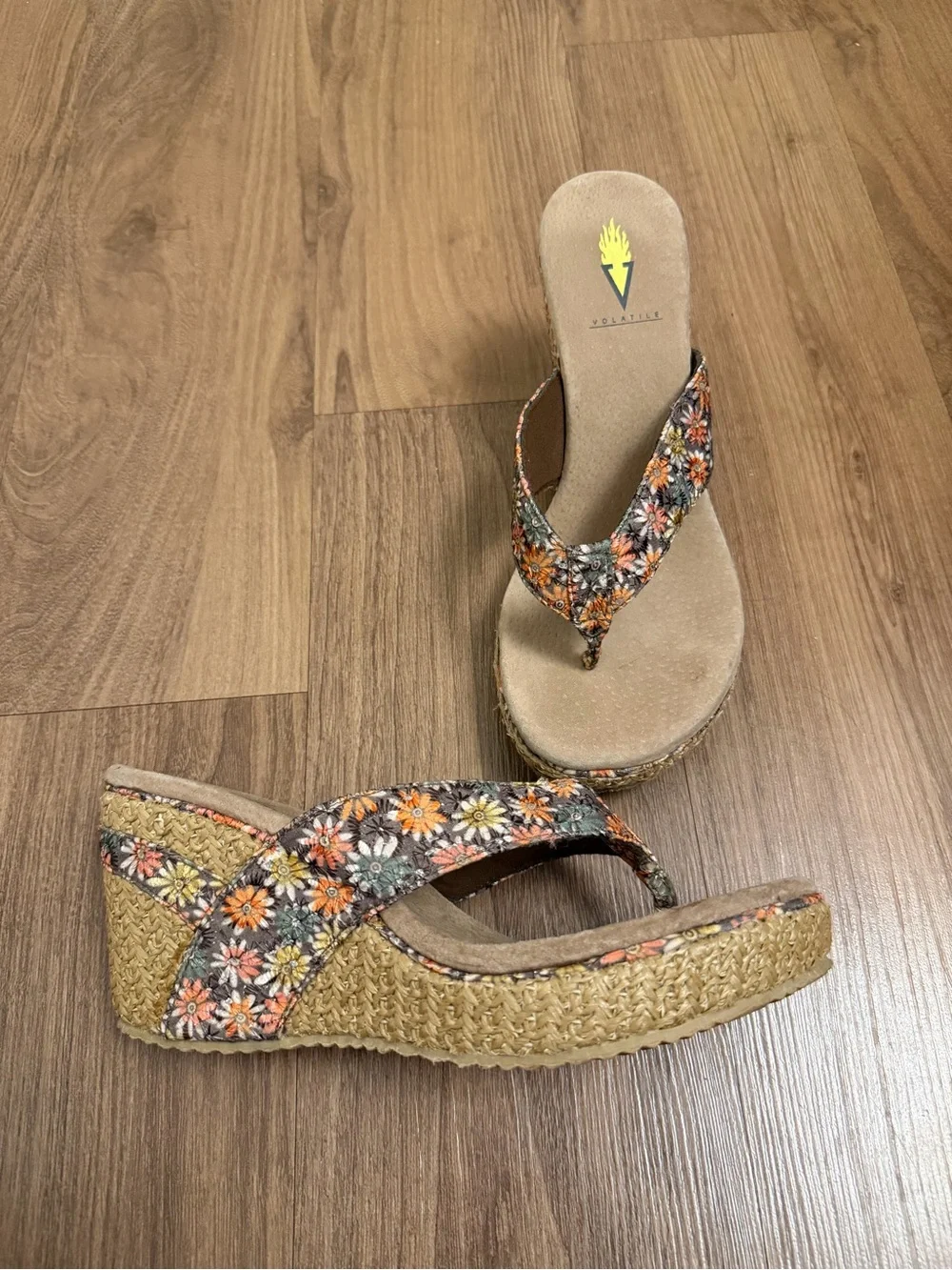 Volatile Floral Wedge Sandals in Orange, White, Brown